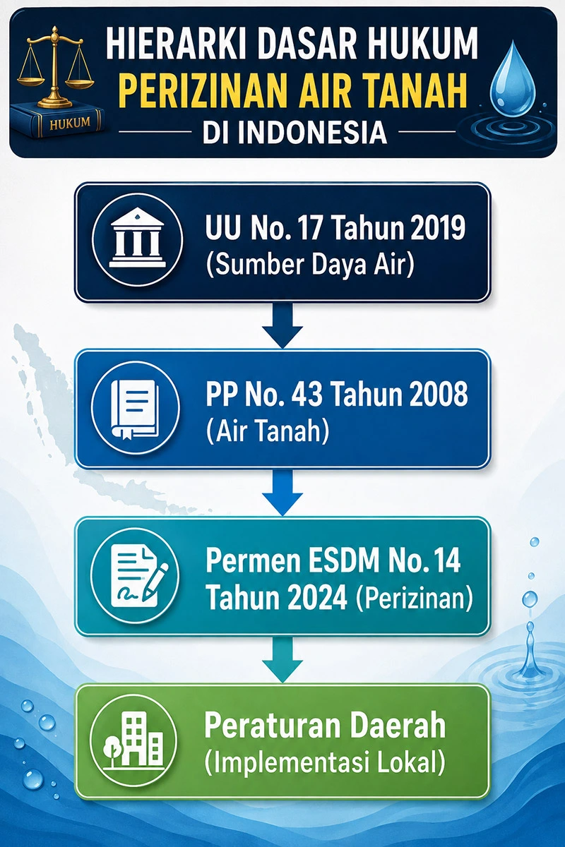 Diagram hierarki dasar hukum SIPA air tanah di Indonesia mulai dari UU 17/2019, PP 43/2008, Permen ESDM 14/2024, hingga peraturan daerah