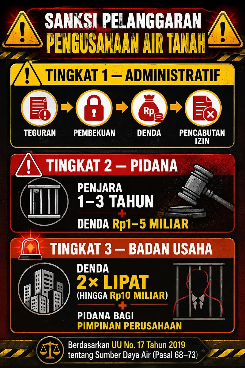 Infografis tingkatan sanksi bagi pelaku usaha yang tidak memiliki SIPA air tanah, mulai dari denda administratif hingga pidana penjara dan denda miliaran rupiah