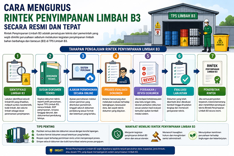 Infografis cara mengurus Rintek Penyimpanan Limbah B3 secara resmi